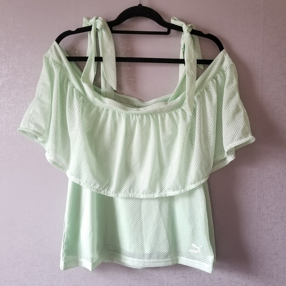 new Puma Sporty Chic Mint Green Cold Shoulder Top - Picture 4 of 8